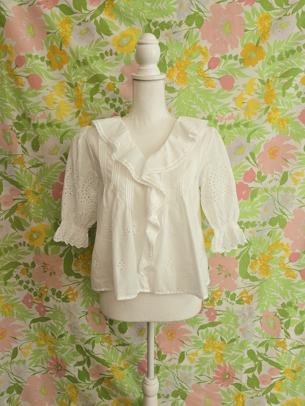 White Eyelet Pintuck Ruffle Blouse